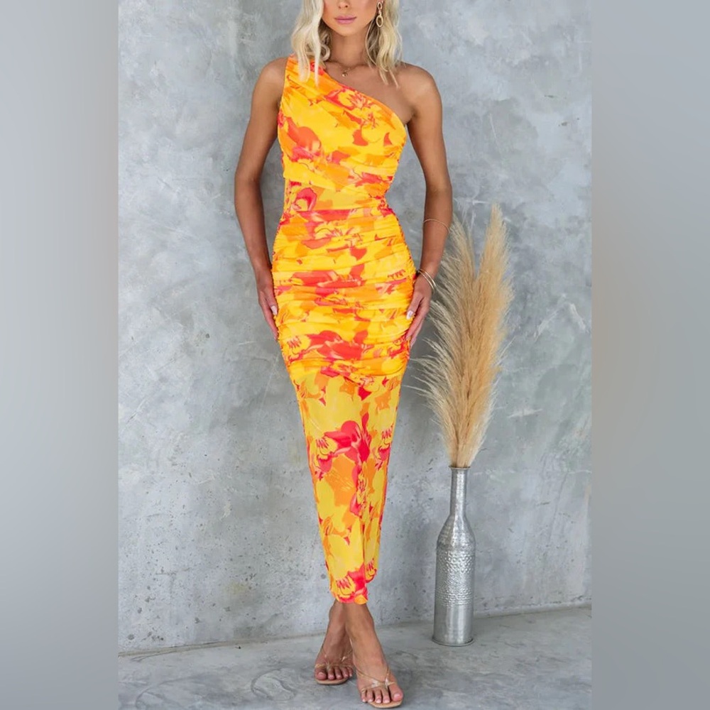 Printed One Shoulder Ruched Stretch Maxi Dress